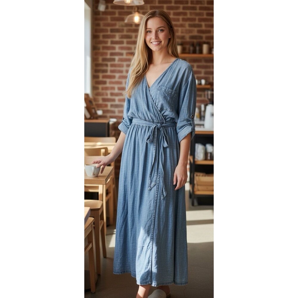 WL Wash Lab NWT womens 'denim' midi linen modal dress linen Large quiet luxury